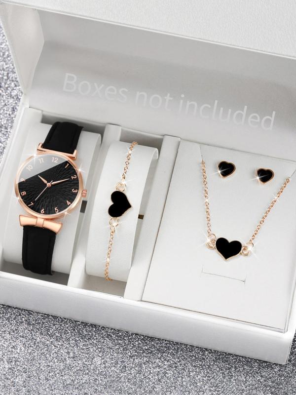 Round Dial Analog Quartz Watch & Heart Charm Bracelet & Necklace & Stud Earrings, Minimalist Vintage Luxury 2024 Trendy Wristwatch for Gf, without Box Summer Watch Set As Girlfriend Gifts