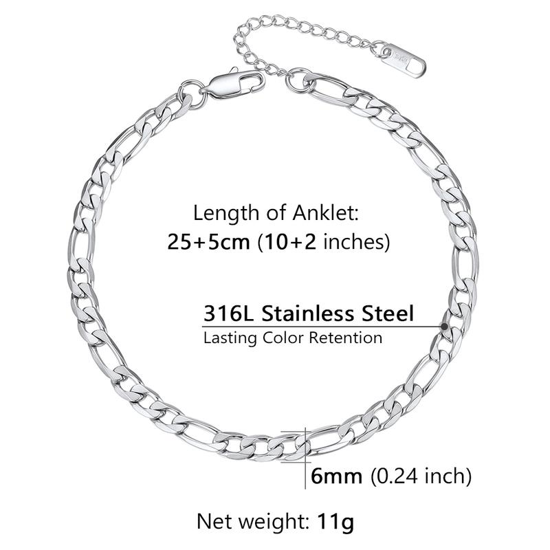 U7 6mm Figaro Chain Anklet for Women Trendy Chain Bracelet Hypoallergenic Jewelry Gift for Her