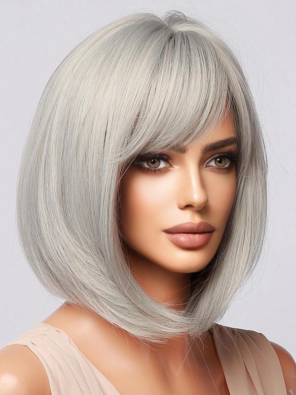 14inch Short Straight Bob Wigs for Women, Gorgeous Fluffy Shoulder Length Wigs with Side-swept Bangs, Synthetic Wigs for Party, Cosplay, Daily Use