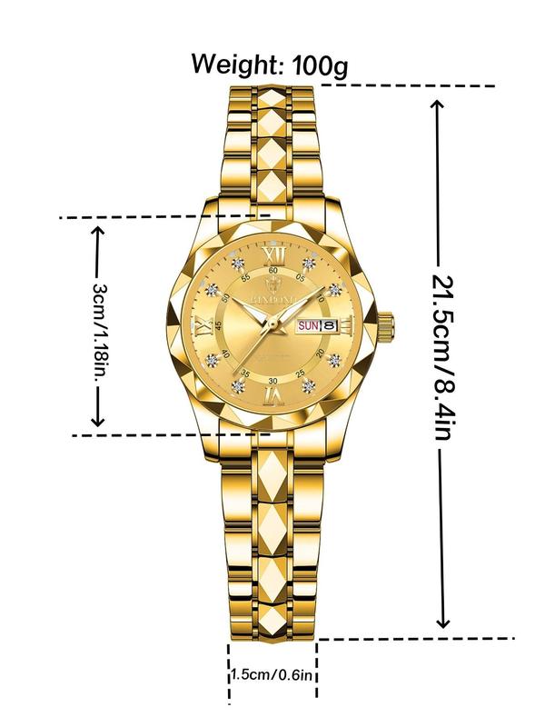 Women's Elegant Rhinestone Decorated Round Dial Analog Quartz Watch, Fashionable Stainless Steel Strap Watch for Women & Girls, Calendar Function 30m Waterproof Meter Watch for Birthday Gift with Box, Fall Outfit