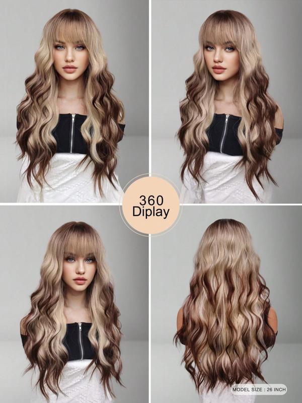 26 Inch Long Ombre Wavy Wigs for Women, Gorgeous Fluffy Wigs with Bangs, Synthetic Full Machine Wigs for Party, Daily Use