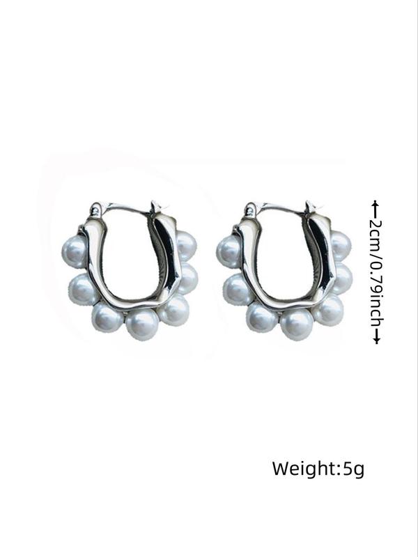 1 Pair Elegant U-shaped Faux Pearl Decorated Hoop Earrings, Casual Alloy Jewelry For Women, Daily Clothing Decor For Girl