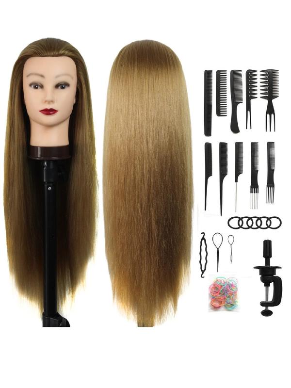 26 Inch Long Straight Hair Training Head with Table Clamp & Tools, Synthetic Hair Styling Head, Hairdressing Head for Braiding