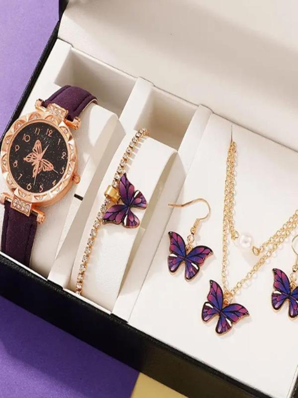 Women's Elegant Fashion Butterfly Design Quartz Watch & Bracelet & Necklace & Earrings, without Box, 2024 New Style Watch Set for Women As Anniversary Gift