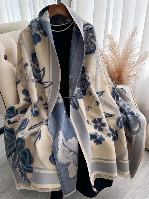 Floral Print Tassel Decor Double Sided Shawl, Casual Soft Warm Long Scarf for Fall & Winter, Fashion Accessories for Women & Men