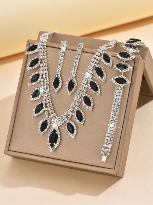 Women's Elegant Rhinestone Decorated Necklace & Dangle Earrings & Bracelet, Exquisite Trendy Jewelry Set, Fashionable Accessories for Party & Daily Clothing Decor