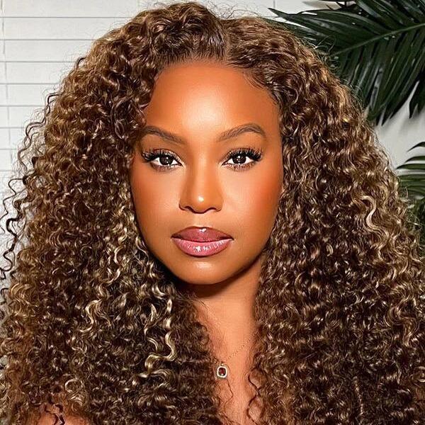 CurlyMe Wear Go Kinky Curly Highlights 4 27 Pre-cut Lace Hair Wigs Pre-plucked