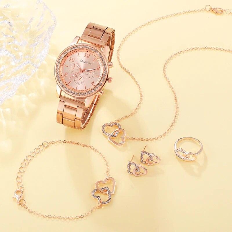 6 Counts Set Luxury Watch Women Ring Necklace Earring Rhinestone Fashion Wristwatch Casual Ladies Bracelet Watches