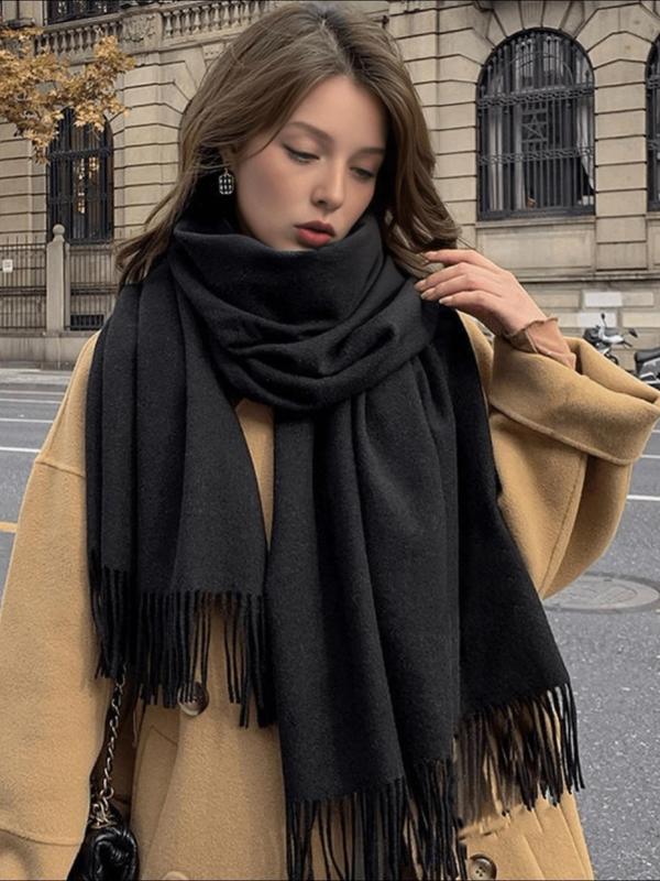 Solid Color Tassel Decor Scarf, Casual Soft Warm Thick Shawl for Women & Men, Fashion Accessories for Fall & Winter