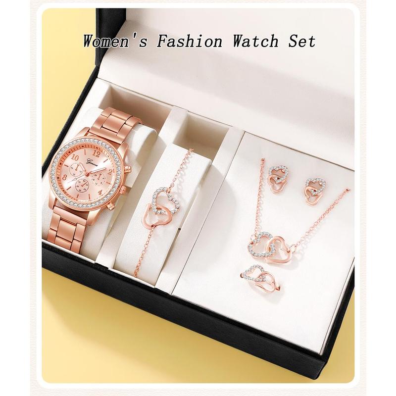 6 Counts Set Luxury Watch Women Ring Necklace Earring Rhinestone Fashion Wristwatch Casual Ladies Bracelet Watches