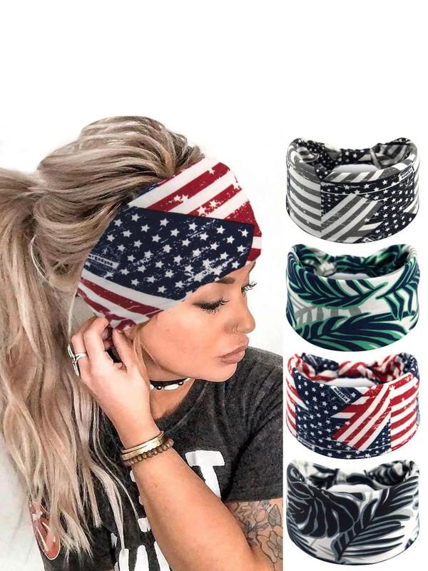 Leaf & Graphic Print Hair Band, 4 Counts Breathable Sweat-absorbing Hair Band, Sports Hair Band for Women & Girls, Hair Accessories for Gym Workout Running