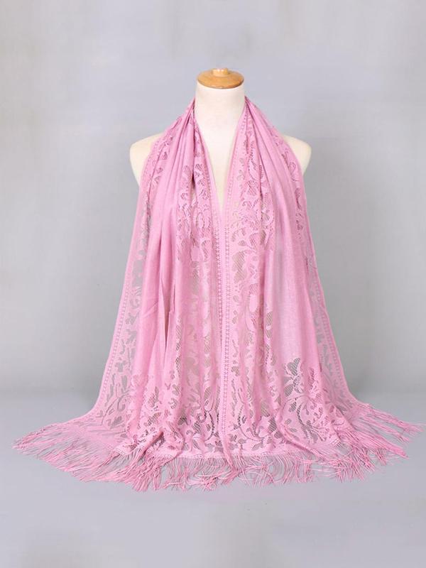 Women's Solid Fringe Hollow Out Contrast Lace Scarf, Fashionable Elegant Tassel Trim Long Shawl For Women, Breathable Shawl Scarf For Summer