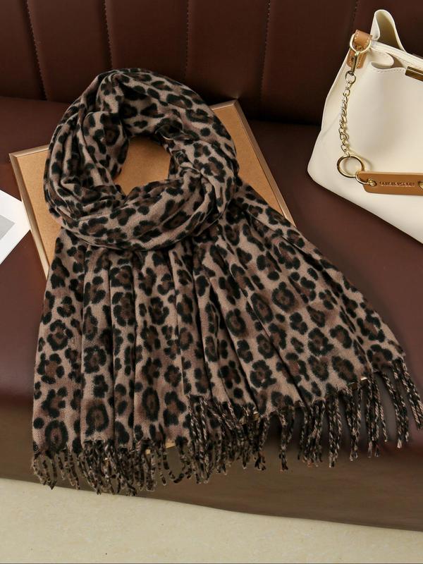 Women's Leopard Print Tassel Decor Scarf, Casual Soft Warm Long Shawl for Fall & Winter, Fashion Accessories for Daily Wear