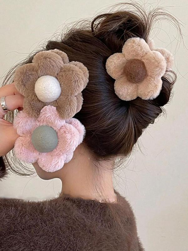 Flower Design Plush Hair Claw, Casual and Versatile Hair Accessories for Women, Minimalist Headwear Suitable for Thick Hair