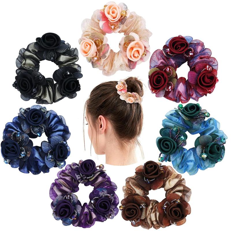 7 counts Stretchy Mesh Rose Flower Hair Scruhies Ponytail Holders Floral Hair Ties Bands Elasticccessories for Women Girls