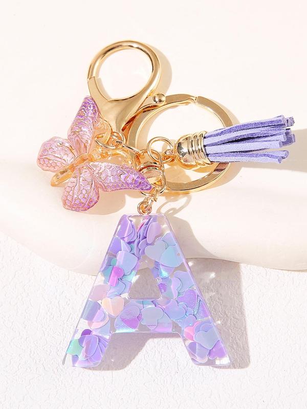 Initial Letter Keychain, Butterfly & Tassel Decor Keychain, Fashionable Resin Keychain for Women & Girls, Bag Backpack Charm, Car Hanging Pendant, Trendy All-match Keychain for Birthday Gift