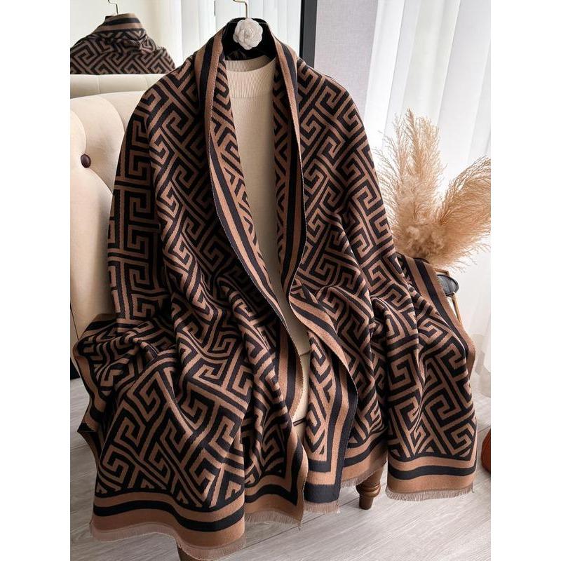 Boho Style Geometric Pattern Double Sided Thickened Shawl, Casual Soft Warm Long Scarf for Fall & Winter, Fashion Accessories for Women & Men