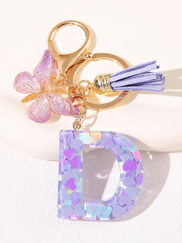 Initial Letter Keychain, Butterfly & Tassel Decor Keychain, Fashionable Resin Keychain for Women & Girls, Bag Backpack Charm, Car Hanging Pendant, Trendy All-match Keychain for Birthday Gift