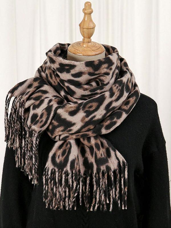 Women's Leopard Print Tassel Decor Scarf, Casual Soft Warm Long Shawl for Fall & Winter, Fashion Accessories for Daily Wear