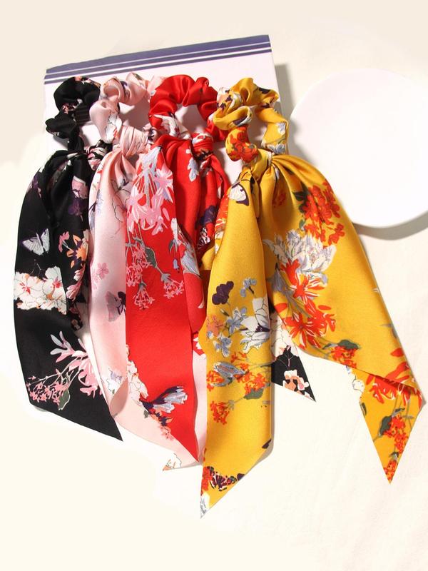 4pcs Gorgeous Floral Print Scrunchie Scarf, Elegant Trendy Ponytail Holder, Fashion Hair Accessories for Women & Girls