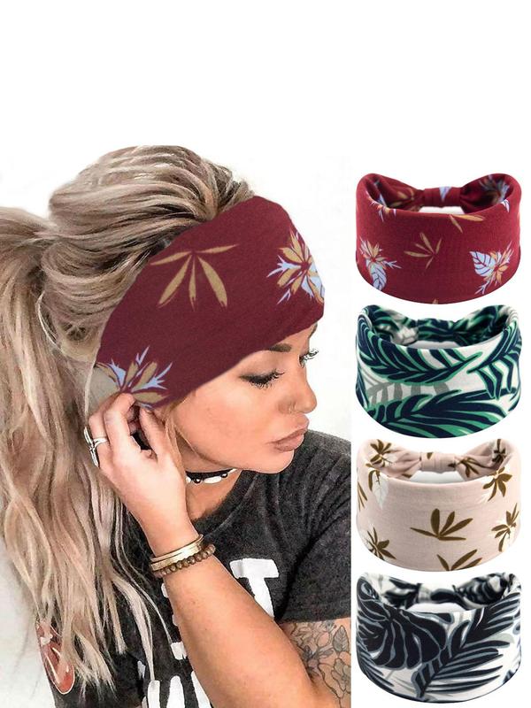 Leaf & Graphic Print Hair Band, 4 Counts Breathable Sweat-absorbing Hair Band, Sports Hair Band for Women & Girls, Hair Accessories for Gym Workout Running