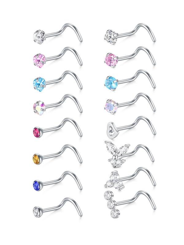 Rhinestone Decorated Nose Studs, 16 Counts Stainless Steel Nose Studs, Body Jewelry for Women & Men, Fashion Jewelry for Party, Daily Clothing Decor