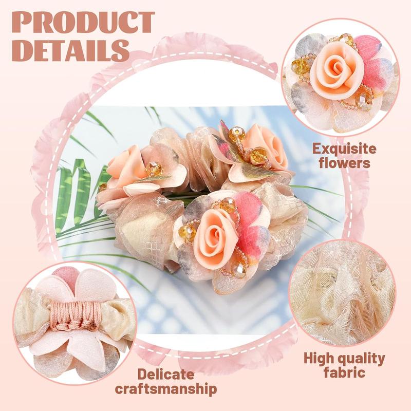 7 counts Stretchy Mesh Rose Flower Hair Scruhies Ponytail Holders Floral Hair Ties Bands Elasticccessories for Women Girls