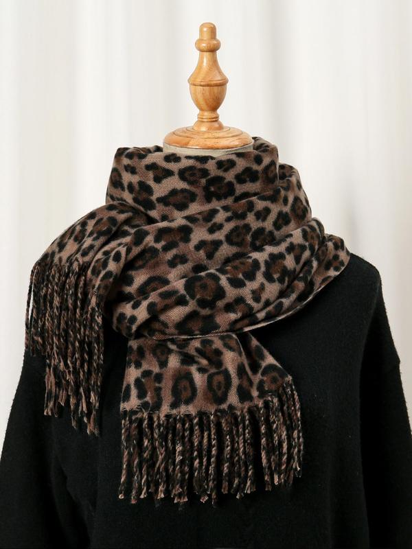 Women's Leopard Print Tassel Decor Scarf, Casual Soft Warm Long Shawl for Fall & Winter, Fashion Accessories for Daily Wear