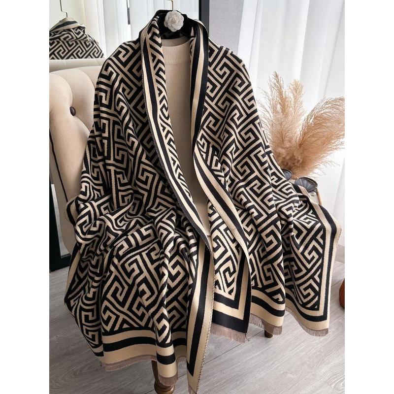 Boho Style Geometric Pattern Double Sided Thickened Shawl, Casual Soft Warm Long Scarf for Fall & Winter, Fashion Accessories for Women & Men