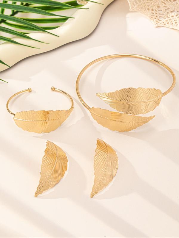 Elegant Leaf Design Open Bangle & Arm Cuff & Stud Earrings, Punk Style Jewelry for Party, Daily Decor, Trendy Exquisite Vintage Jewelry for Birthday Gift