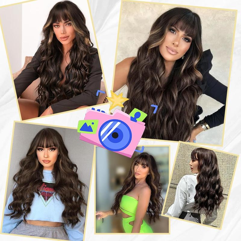 BlackFriday Brown Wig Mixed Blonde Highlights Long Wavy Synthetic Wigs for Women Natural Everyday Wear Wig with Bangs Curly Beginners Glueless Heat Resistant Wigs Woman Daily Party Use Cosplay Halloween(30 Inch Long Wig )