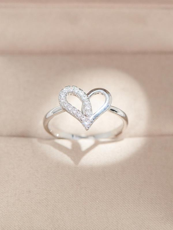 Women's Elegant Rhinestone Decor Heart Design Ring, Exquisite Trendy Engagement Ring, Chic Jewelry As Gift