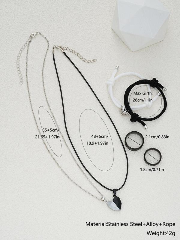 Simple Heart Design Jewelry Set, Couple Necklace & Bracelet & Ring, Fashion Jewelry for Party, Daily Decor, Trendy All-match & Exquisite Jewelry for Birthday Gift