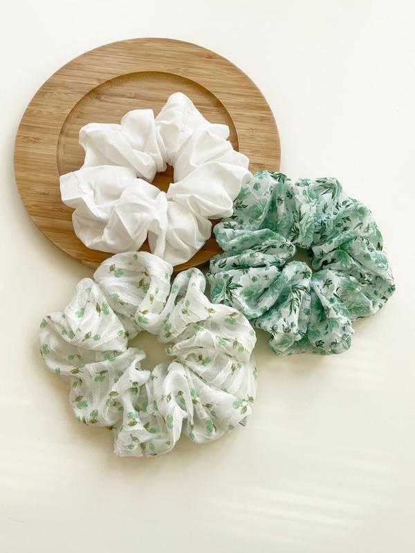 Elegant Floral & Cherry Print Scrunchies, Cute Hair Accessories for Women & Girls, Minimalist Headwear Suitable for Thick Hair