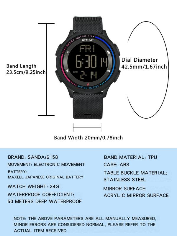 Men's Sporty Digital Watch, Fashionable Digital Watch with Luminous Dial & Waterproof Feature, Trendy Watch for Daily Life