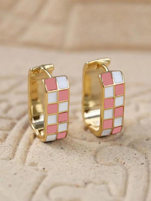 Checkerboard Pattern Hoop Earrings, Casual Enamel Drip Earring Clip for Women for Party, Daily Decor, Trendy All-match Luxury Jewelry for Gift, Fall Outfits, Fall Freshness