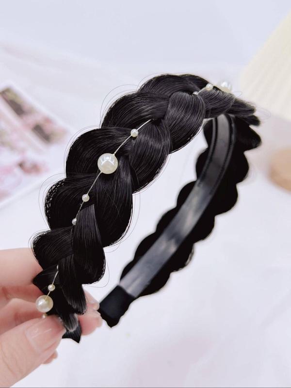 Synthetic Braided Hair Hairband with Pearls, Faux Pearls Plaited Hair Bands, Head Hoop Accessories for Daily Life