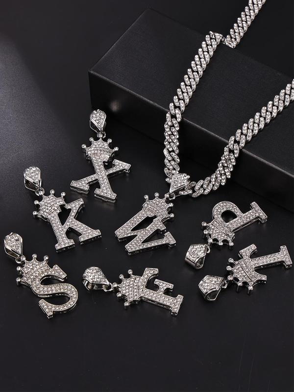 Men's Street Style Rhinestones Decorated Chunky Chain Necklace with 26 Letter Design Charm, Casual Trendy Hip Hop Pendant Necklace For Party & Daily Decoration Without Box