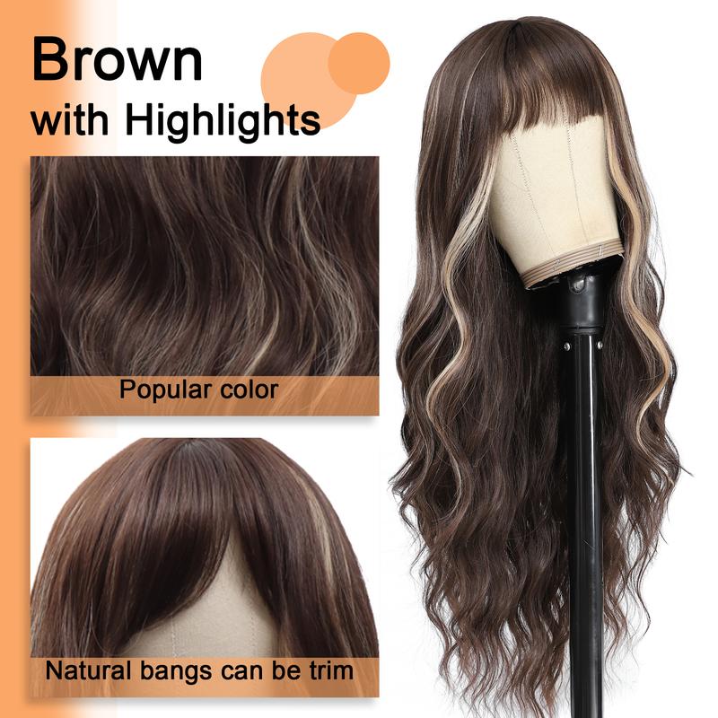 BlackFriday Brown Wig Mixed Blonde Highlights Long Wavy Synthetic Wigs for Women Natural Everyday Wear Wig with Bangs Curly Beginners Glueless Heat Resistant Wigs Woman Daily Party Use Cosplay Halloween(30 Inch Long Wig )