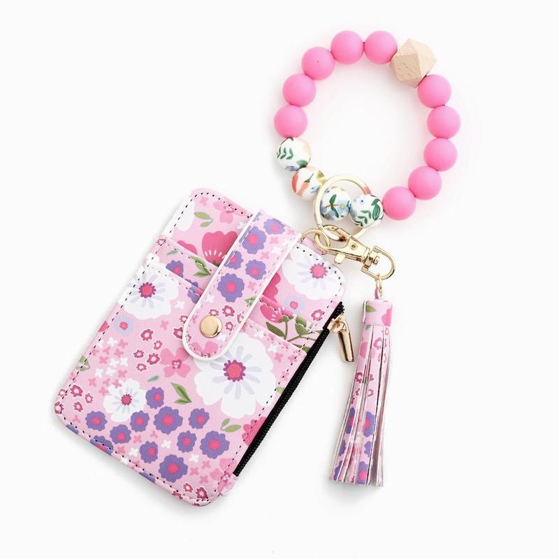 New ladies style beaded tassel decorative keychain, flower pattern wallet cute autumn fashion keychain, chic and gorgeous keychain, beautiful and cute