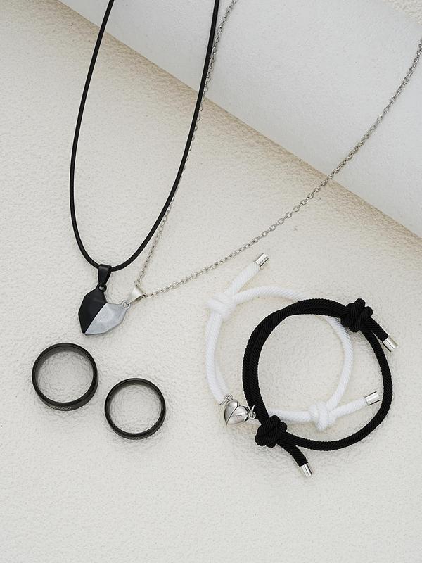 Simple Heart Design Jewelry Set, Couple Necklace & Bracelet & Ring, Fashion Jewelry for Party, Daily Decor, Trendy All-match & Exquisite Jewelry for Birthday Gift