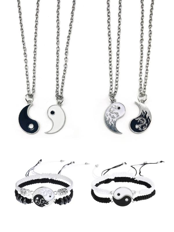 Unisex Street Style Yinyang Charm Jewelry Set, 8counts set Tai Chi Necklaces Bracelet Set for Party, Daily Decor, Vintage Jewelry Set As Gift