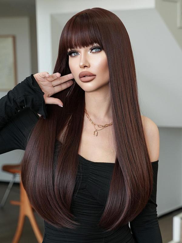 28 Inch Long Mocha Brown Straight Wigs for Women, Gorgeous Fluffy Wigs with Bangs, Synthetic Full Machine Wigs Hairstyles for Party, Daily Use, Color Wigs