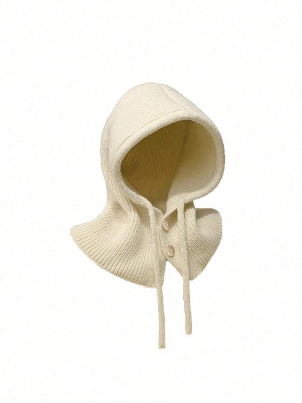 Women's Solid Button Front Drawstring Hooded Scarf, Casual Thick Warm Hooded Neck Warmer for Fall & Winter, Fashion Accessories for Women & Girls