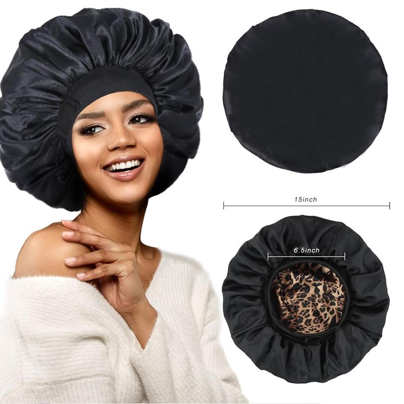 Silk Bonnet for Sleeping Double Layer Satin Bonnet Adjustable Bonnets for Black Women Sleep Cap Reversible Hair Bonnet for Curly Hair (Black and Leopard)