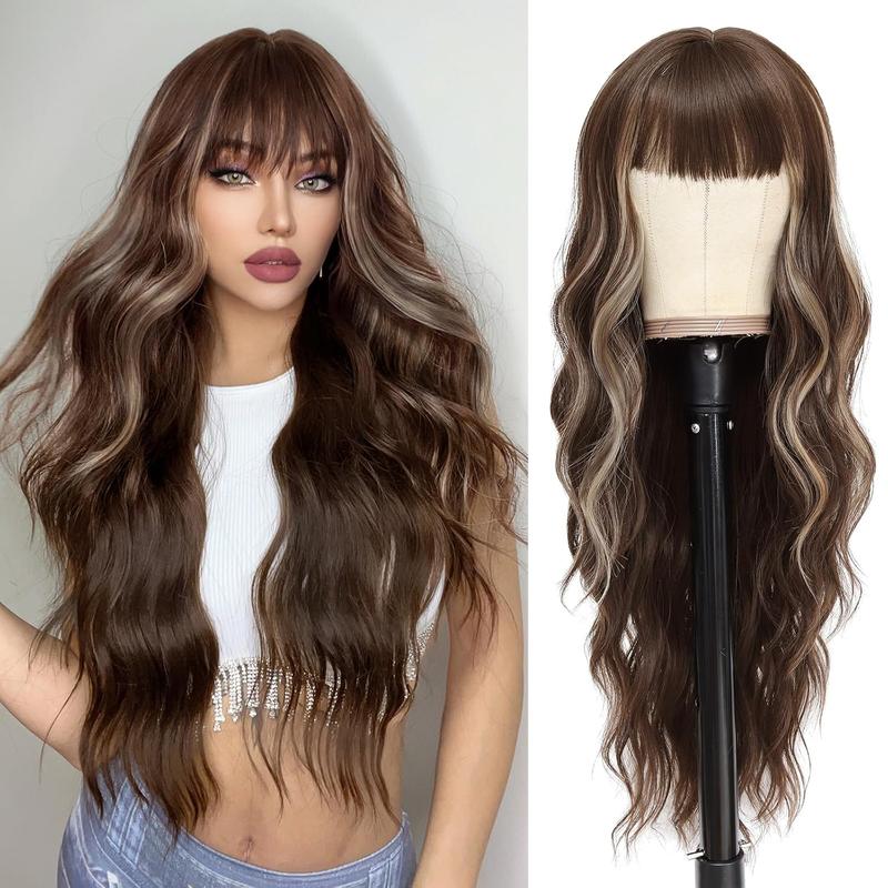 BlackFriday Brown Wig Mixed Blonde Highlights Long Wavy Synthetic Wigs for Women Natural Everyday Wear Wig with Bangs Curly Beginners Glueless Heat Resistant Wigs Woman Daily Party Use Cosplay Halloween(30 Inch Long Wig )