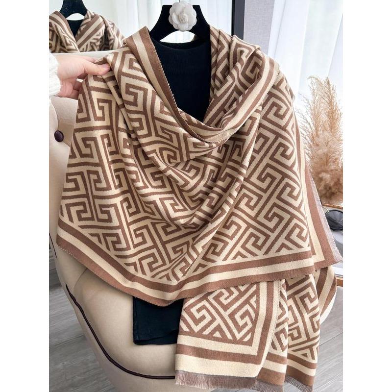 Boho Style Geometric Pattern Double Sided Thickened Shawl, Casual Soft Warm Long Scarf for Fall & Winter, Fashion Accessories for Women & Men