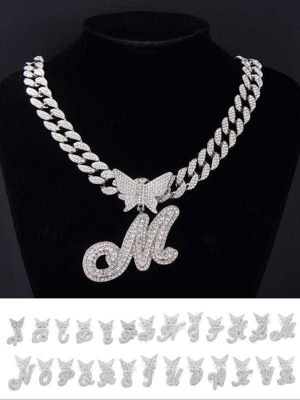 Rhinestone Butterfly & Letter Charm Pendant Necklace, Fall Punk Cuban Chunky Chain Necklace for Women Men, Streetwear Matching Chunky Jewelry for Gift Back To School, Gothic Girl Trip Out