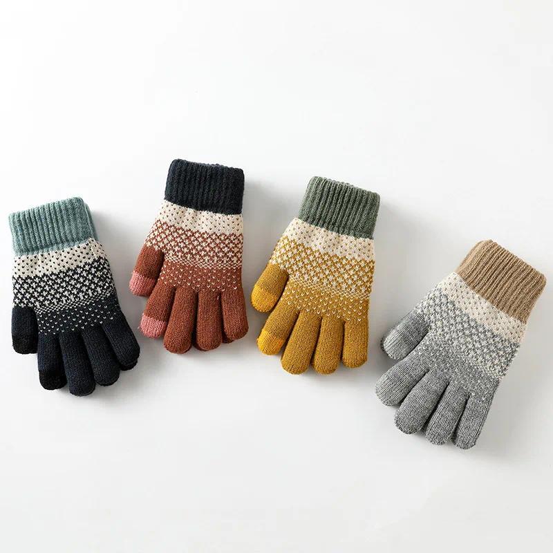 Knit gloves Women's double-layer fleece-thickened cold-proof touch screen finger warm outdoor cycling gloves