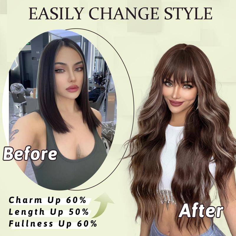 BlackFriday Brown Wig Mixed Blonde Highlights Long Wavy Synthetic Wigs for Women Natural Everyday Wear Wig with Bangs Curly Beginners Glueless Heat Resistant Wigs Woman Daily Party Use Cosplay Halloween(30 Inch Long Wig )